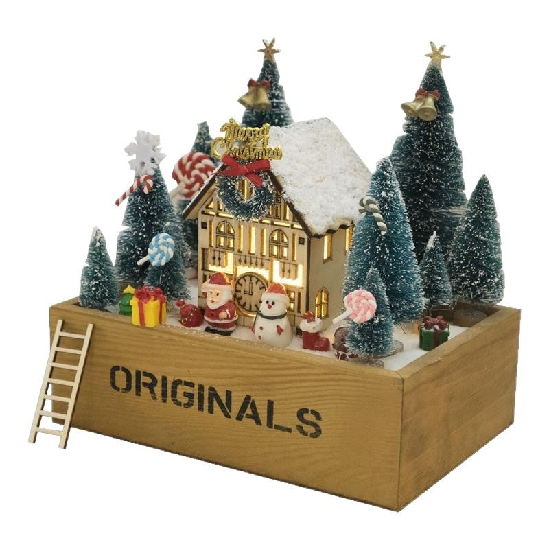 Lantern-lit wooden cabin Christmas ornament glowing warmly on a shelf