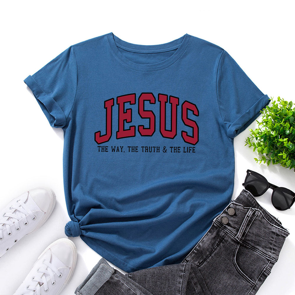 Women's Jesus Printed Loose Cotton T-Shirt in royal blue relaxed look