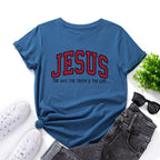Women's Jesus Printed Loose Cotton T-Shirt in royal blue relaxed look