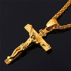 Stainless steel cross necklace close-up view showing detailed Jesus design