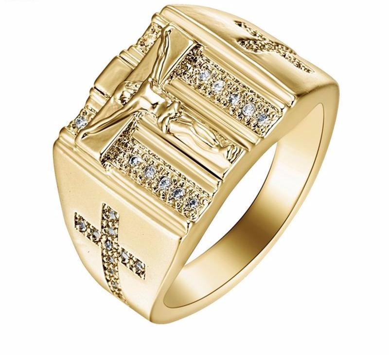 Jesus ring with crystals in warm gold-tone metal alloy