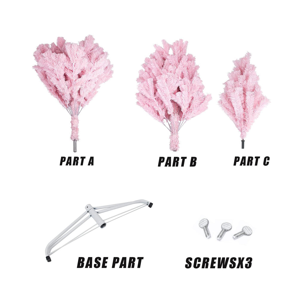 Unboxed 6FT pink Christmas tree sections and foldable metal base for easy assembly