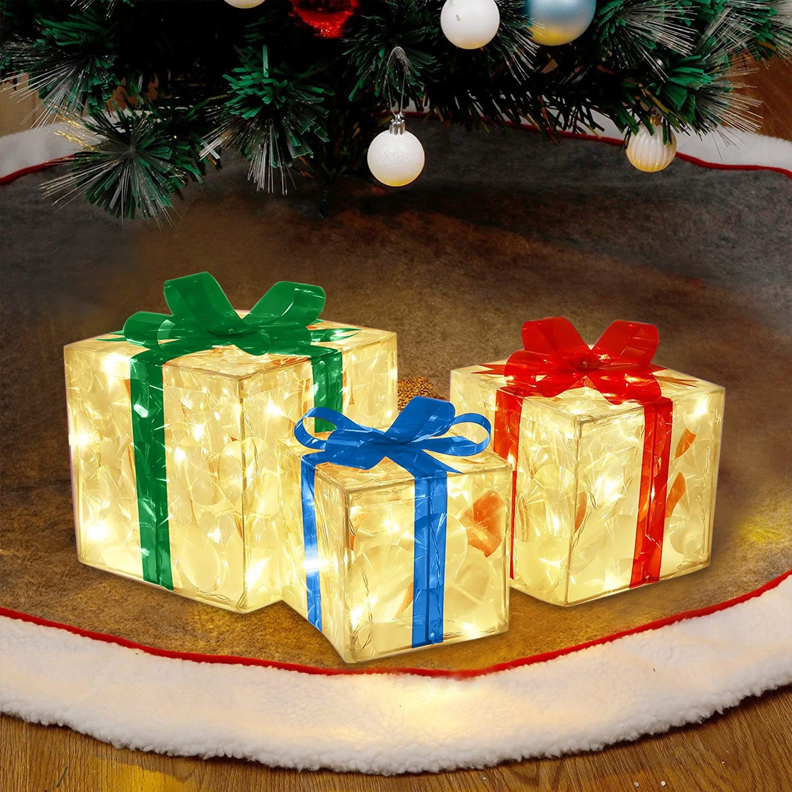 Stacked Christmas gift box ornaments in multiple sizes for storage