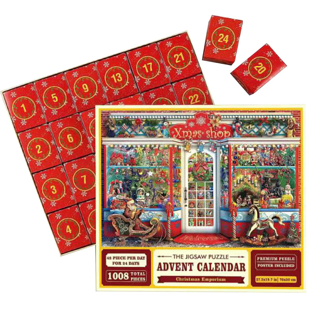 Family gathered around table assembling Christmas puzzle together during holiday season - Advent Calendar Puzzle