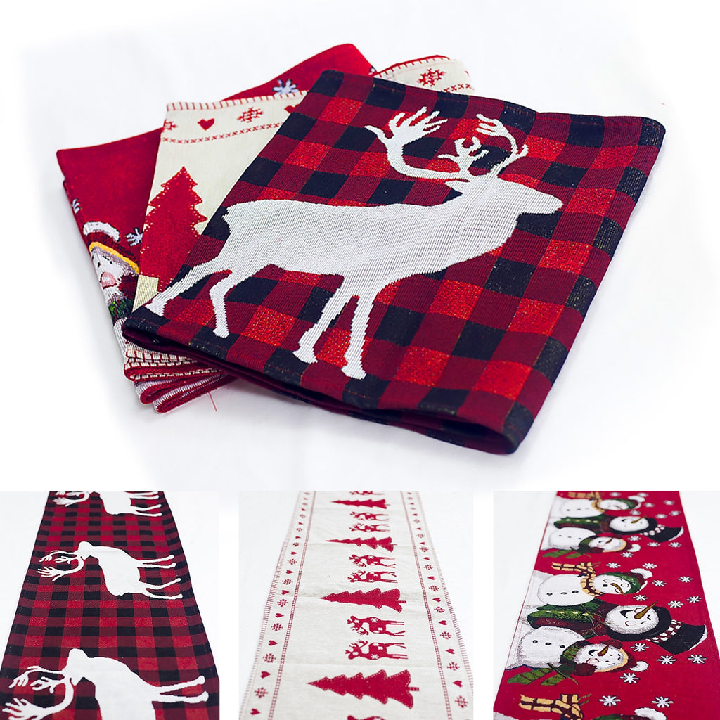 Cozy Christmas dining setup with elk and snowman table runner centerpiece