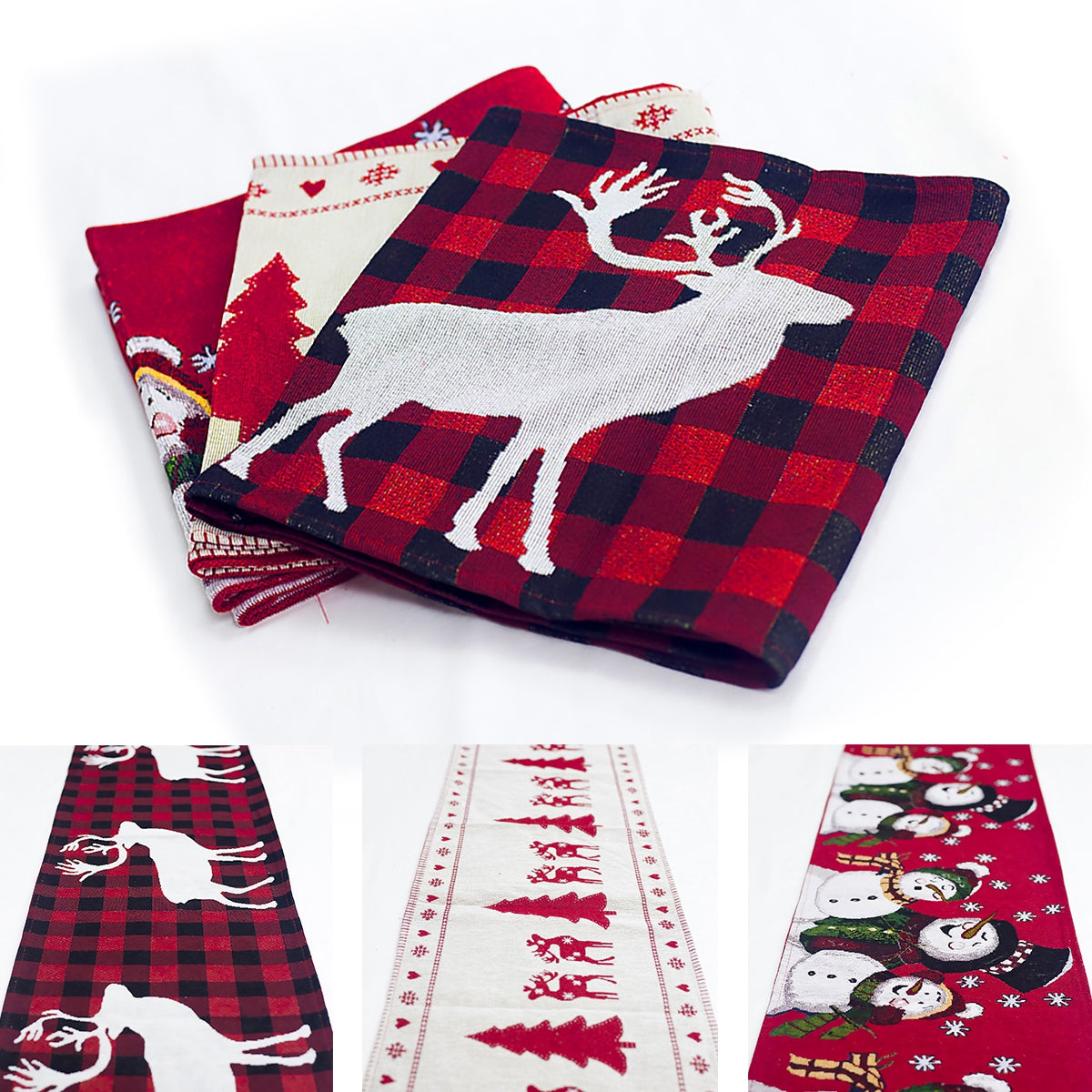 Cozy Christmas dining setup with elk and snowman table runner centerpiece