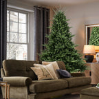 Green Christmas tree in minimalist holiday room with warm lighting
