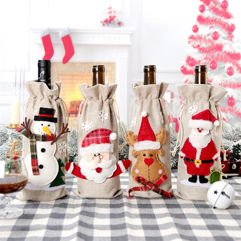 Festive linen wine bottle bag with cheerful Christmas deer illustration