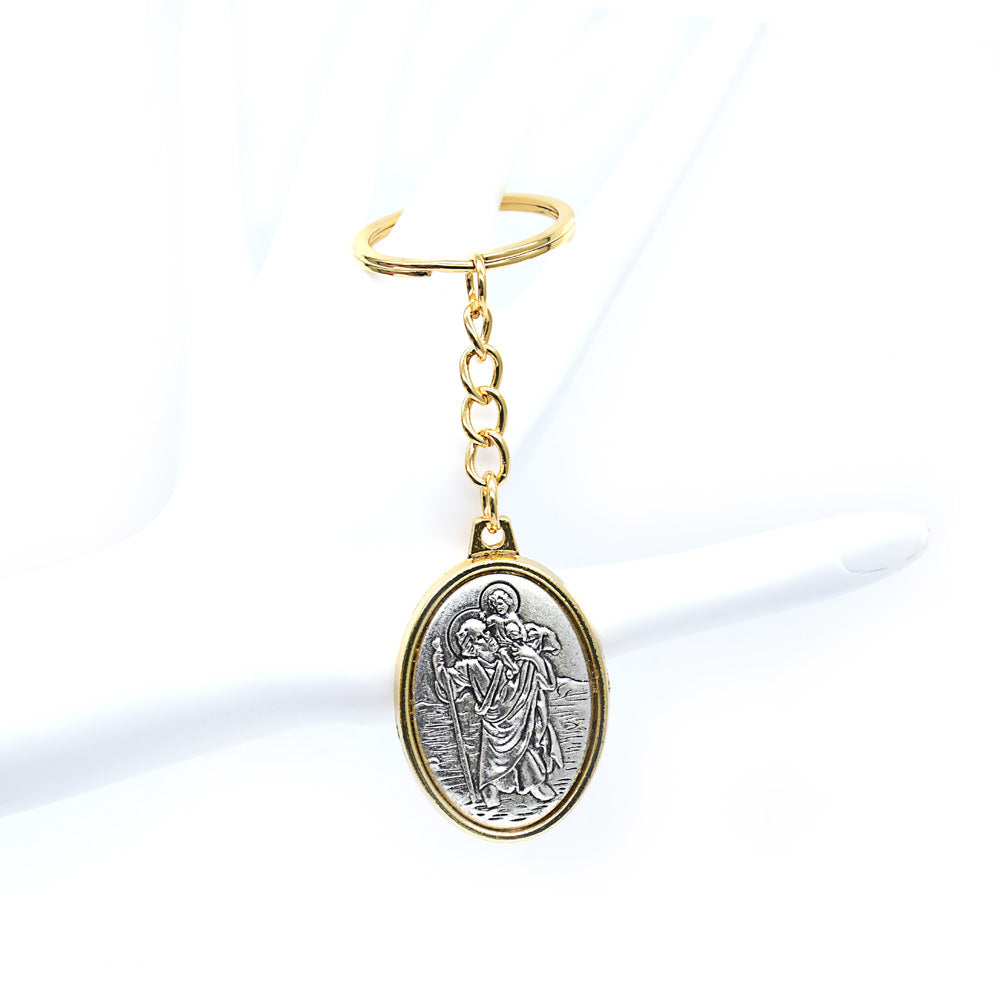 Gold and white Catholic Relic Keychain Ring with devotional design Main image