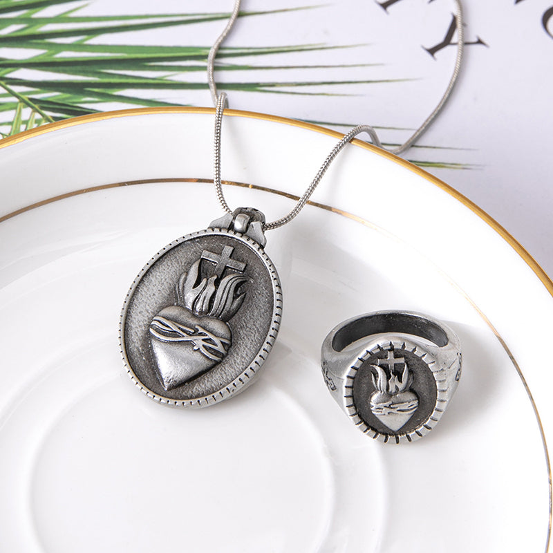 Sacred heart and cross necklace ring set in antique silver finish for women and men