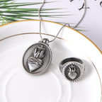 Sacred heart and cross necklace ring set in antique silver finish for women and men