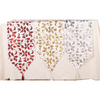 Christmas Star Snowflake Table Runner - Elegant table runner with silver snowflake and star motifs on festive cloth