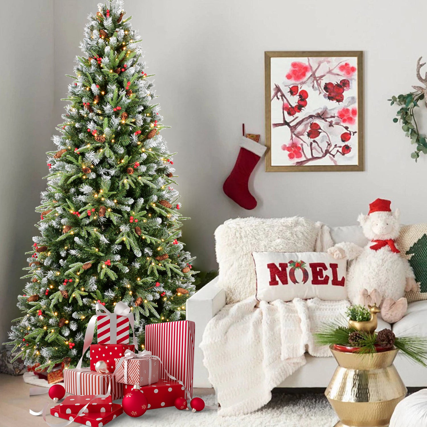 Artificial Christmas tree with pre-attached decorations ready to display