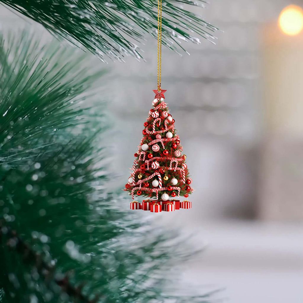 Close-up of flat acrylic Christmas tree pendant charm with clean modern art silhouette