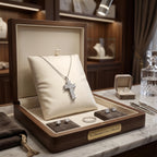 Elegant white gold cross pendant necklace on a polished sterling silver chain, close-up view