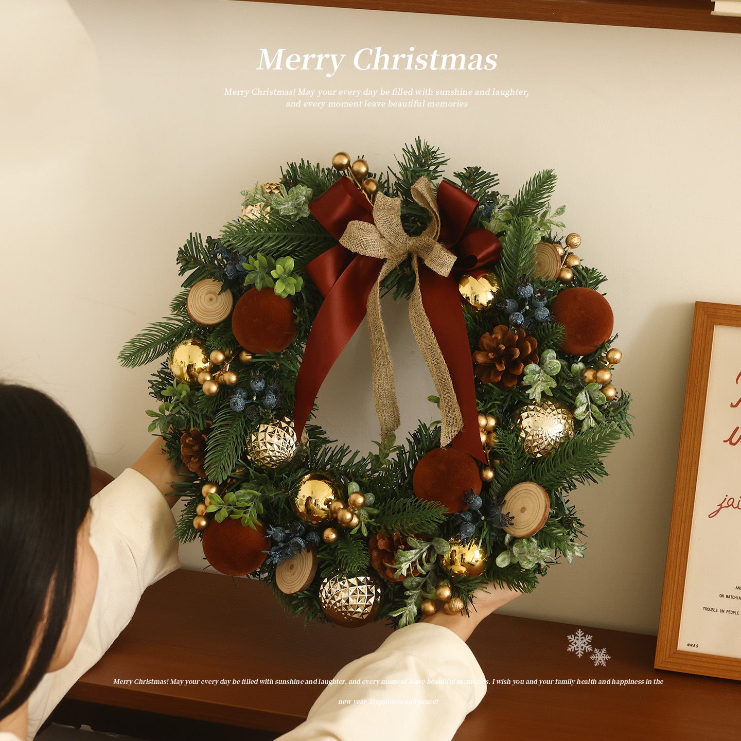 Wooden plaque Christmas wreath pendant for Christian home decorations