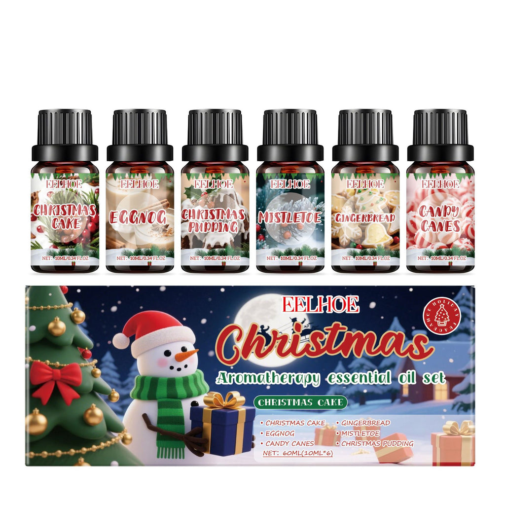 Aromatherapy oil set featuring six bottles for creating a cozy Christmas atmosphere