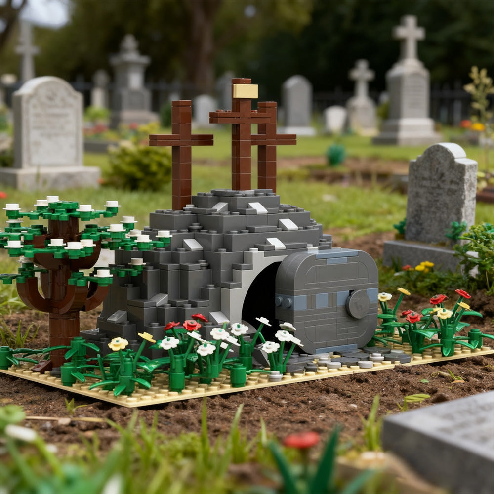 Assembled resurrection tomb building block model with open entrance