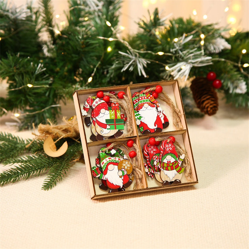 Colorful wooden Christmas tree ornament pendants on display