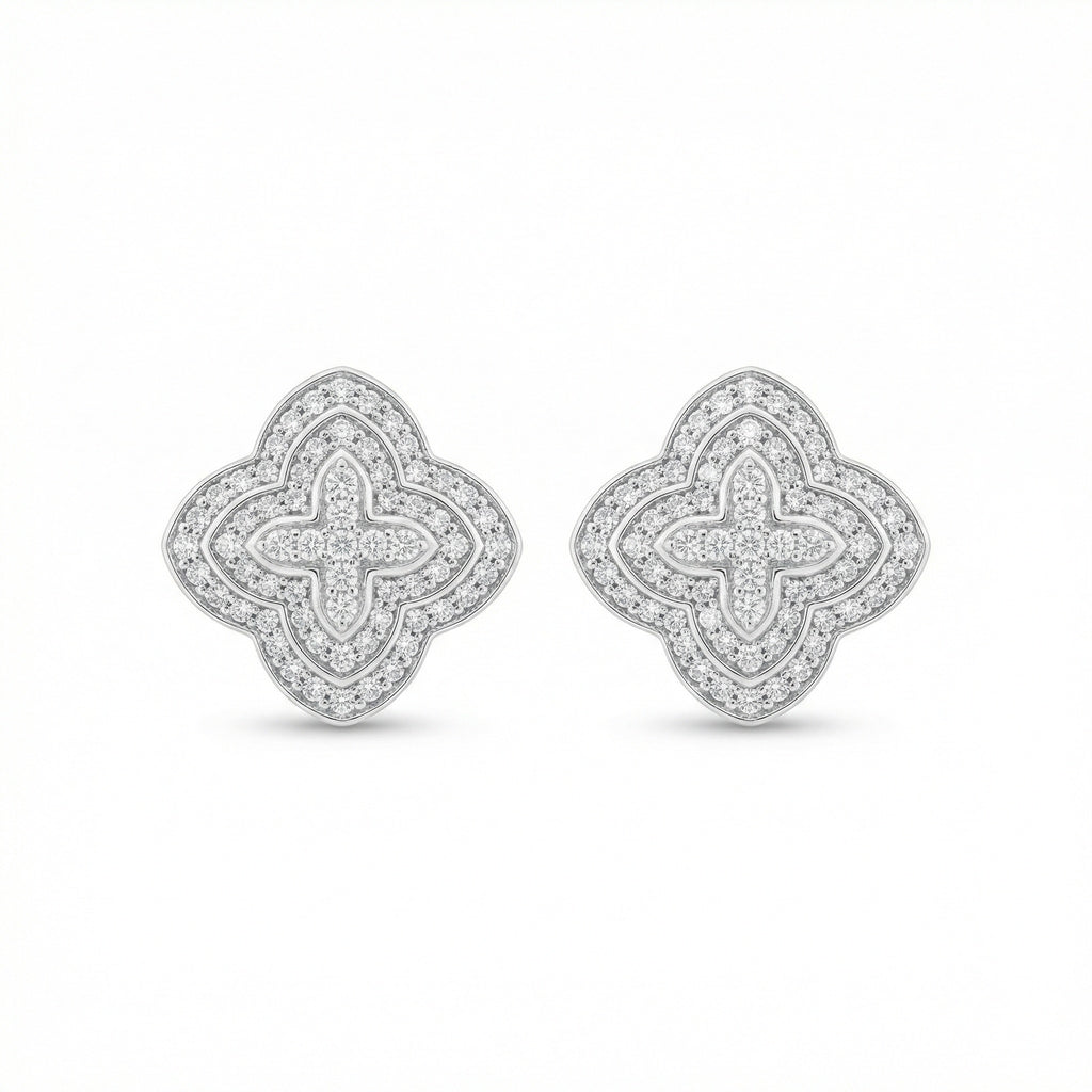 Elegant quatrefoil cross cluster earrings in sterling silver with sparkling pave diamonds