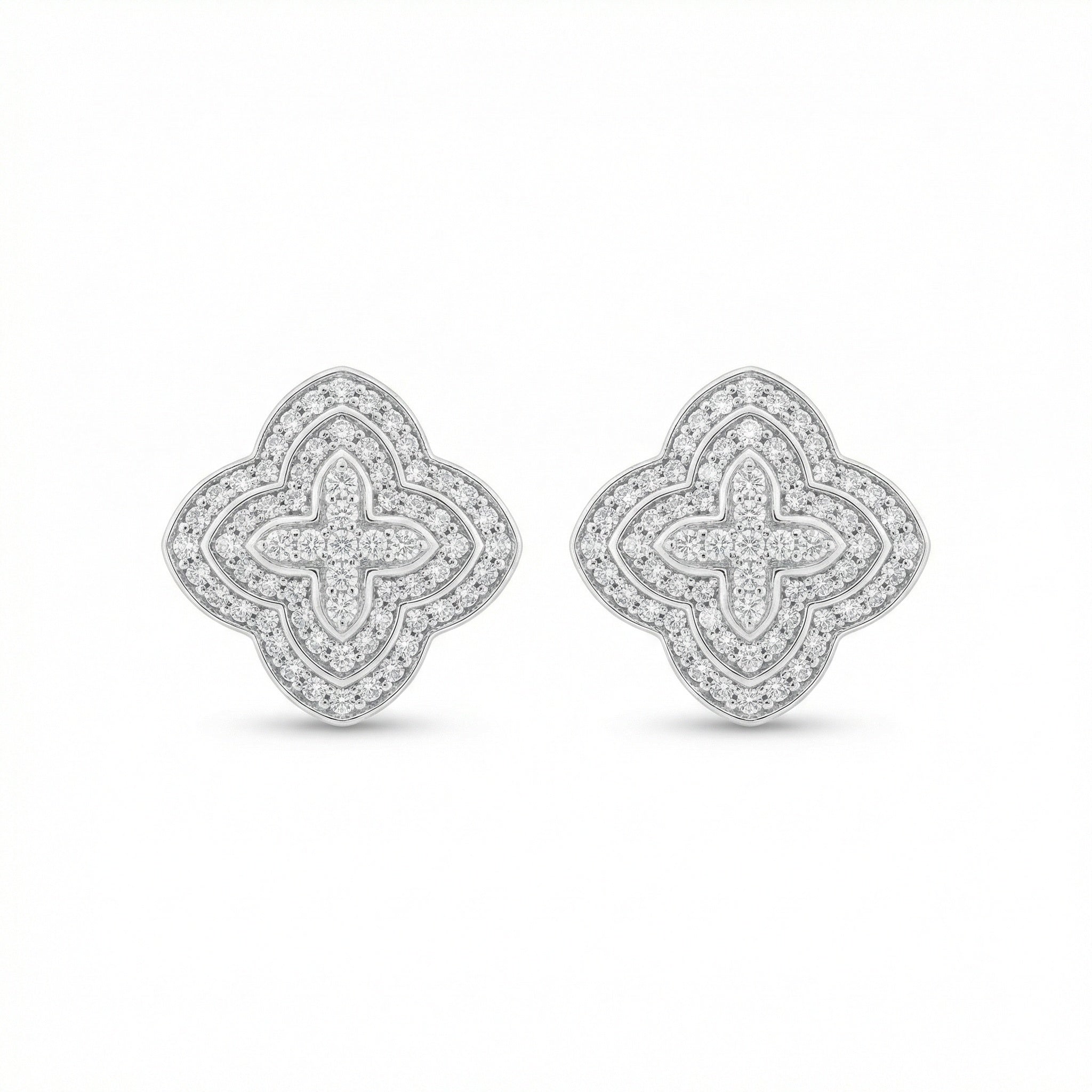 Elegant quatrefoil cross cluster earrings in sterling silver with sparkling pave diamonds