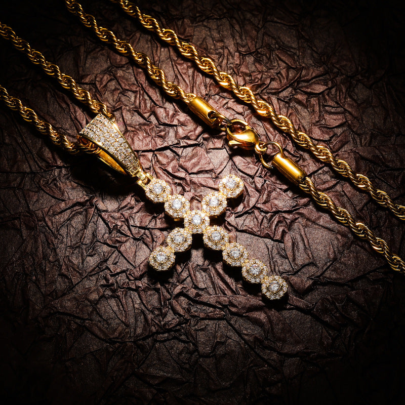 Gold cross pendant necklace with zircon accents on 24-inch twist chain Main image