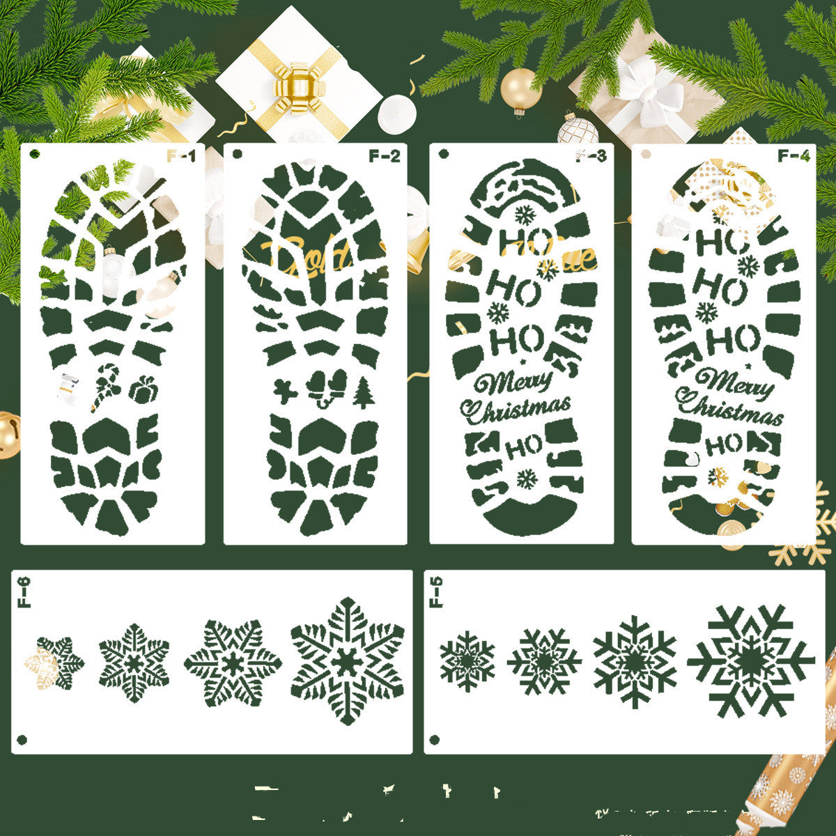 Christmas footprint templates arranged in 6-piece set for holiday crafting