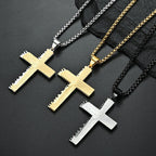 Men's double cross necklace displayed against dark background - Christian jewelry
