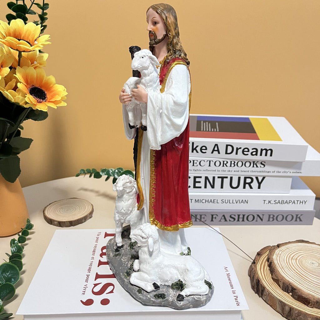 Detailed view of shepherd figure in traditional nativity resin sculpture