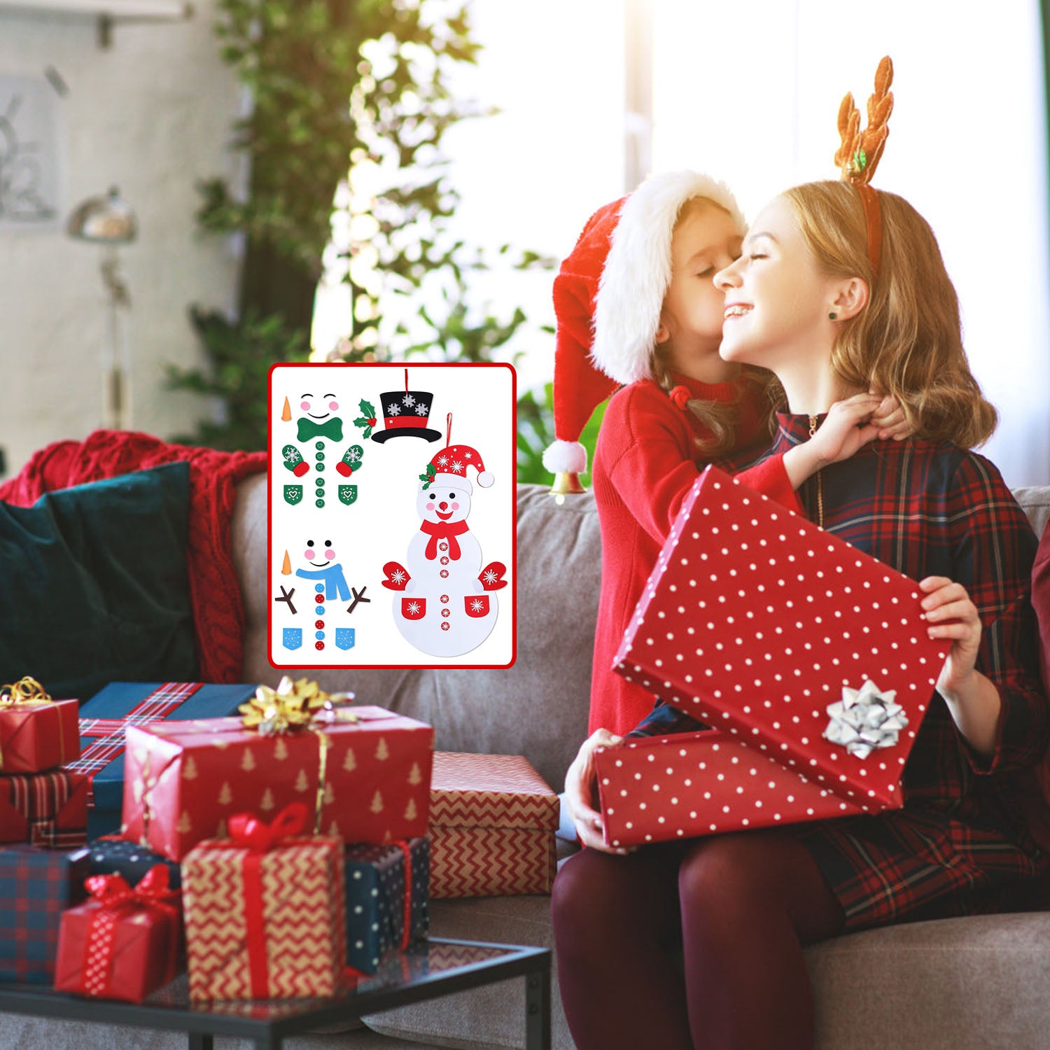 Set of felt Christmas decorations including snowman shapes and accessories