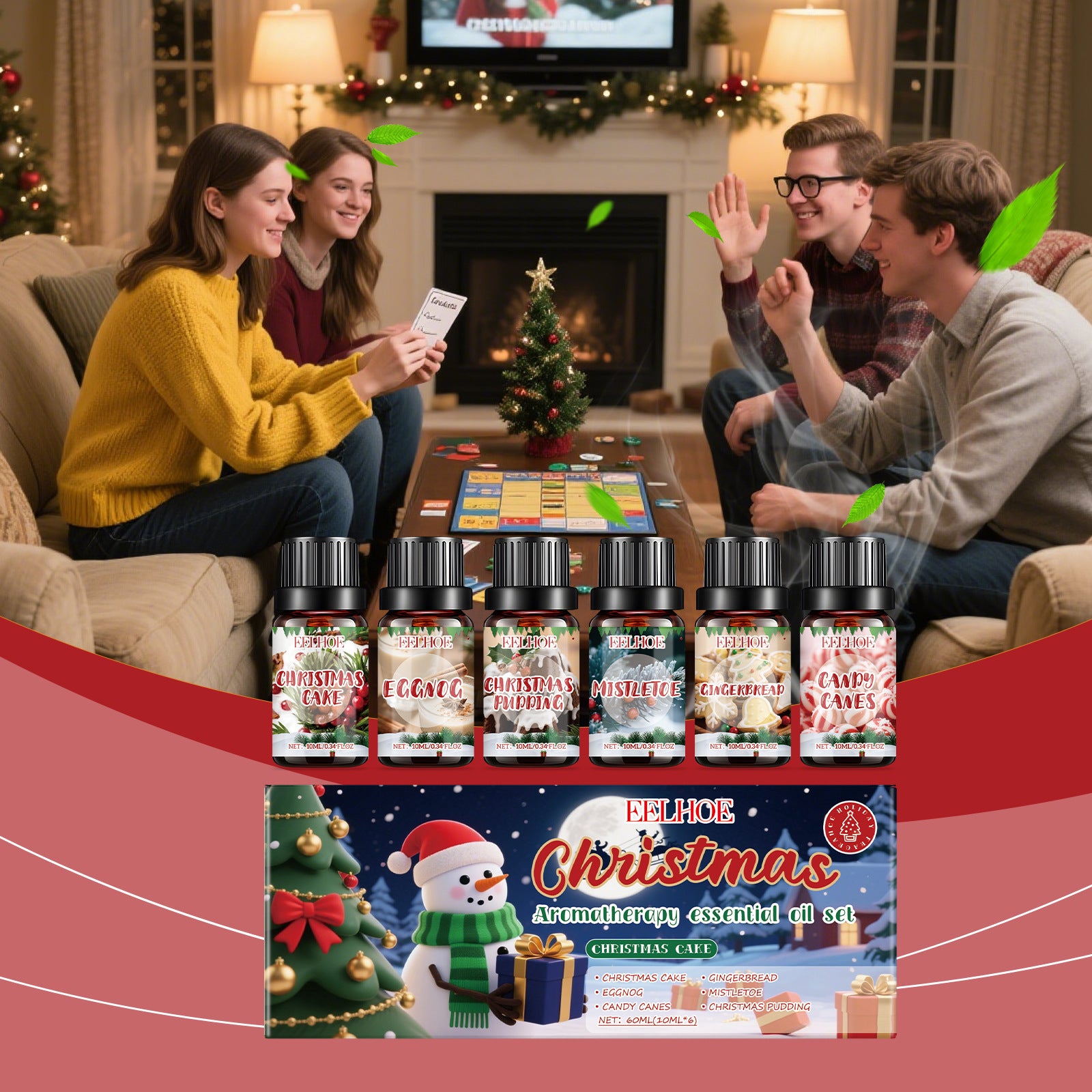 Christmas aromatherapy oil set with six small bottles arranged in a festive display