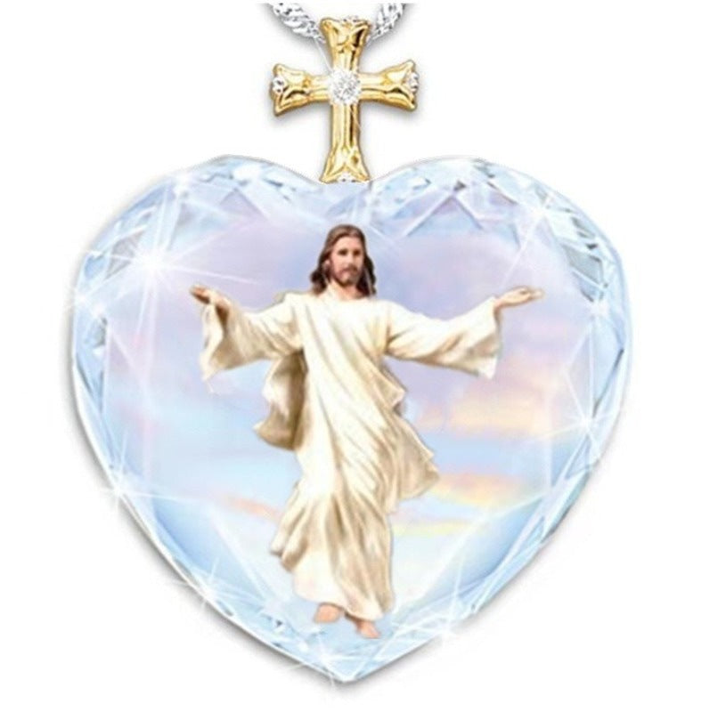 Jesus heart crystal pendant on delicate chain for women and ladies