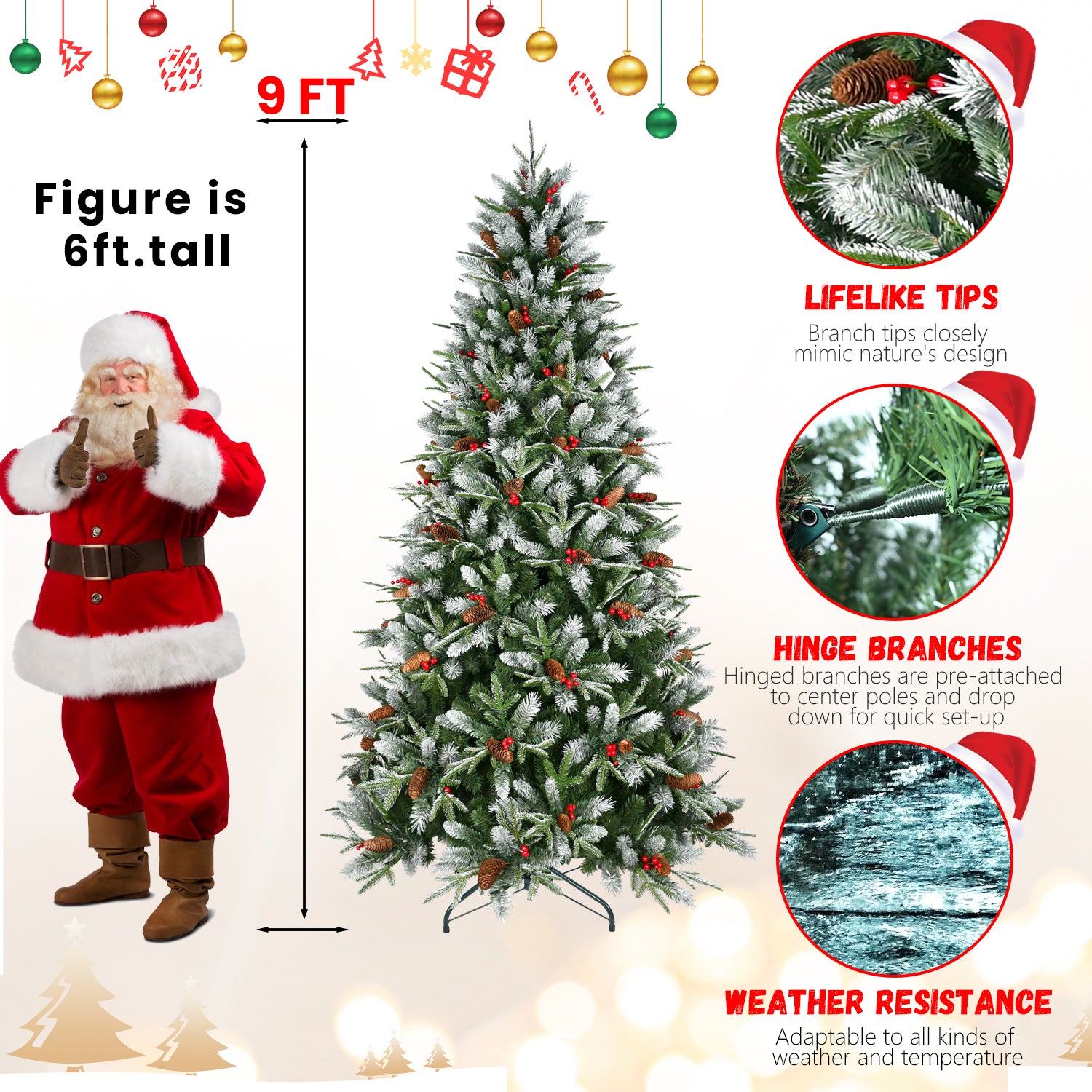 Christmas tree with natural-looking pine cones and red berries