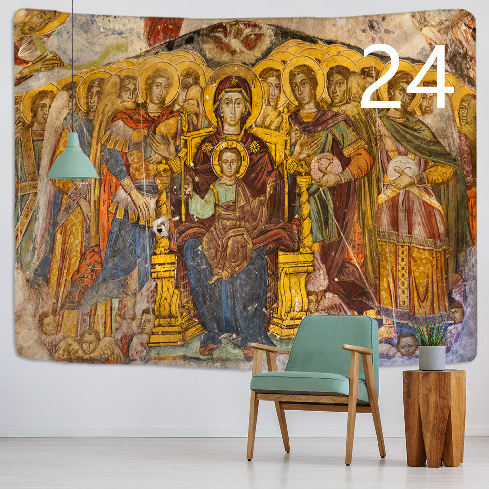 Home decor tapestry featuring Christ artwork in warm tones