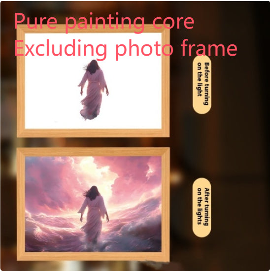 Jesus LED light painting with warm glowing cross design on wooden frame