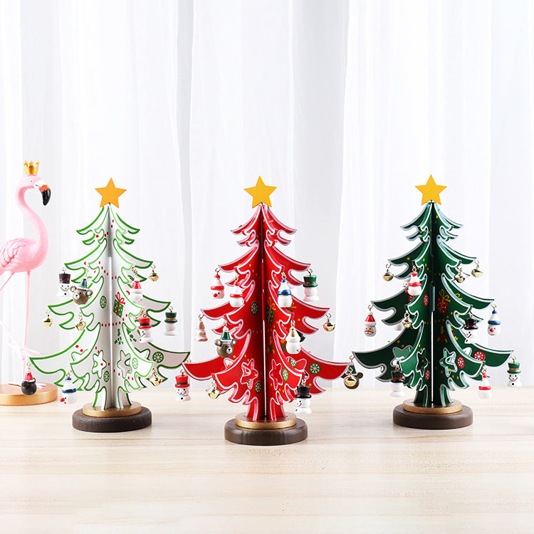 Handcrafted wooden Christmas tree ornament with natural wood grain visible throughout