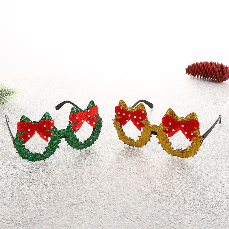 Holiday celebration glasses frames with multiple Christmas design motifs