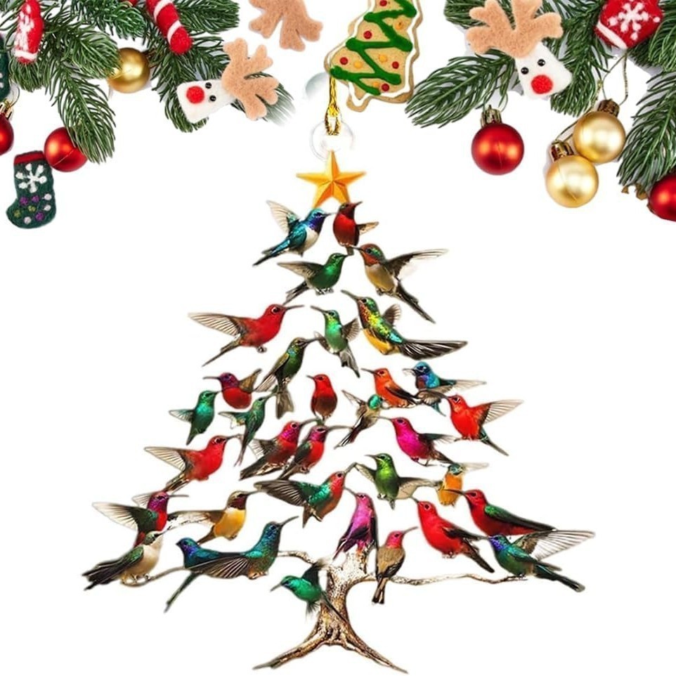 Printed acrylic hummingbird Christmas tree hanging ornament with cartoon design Main image