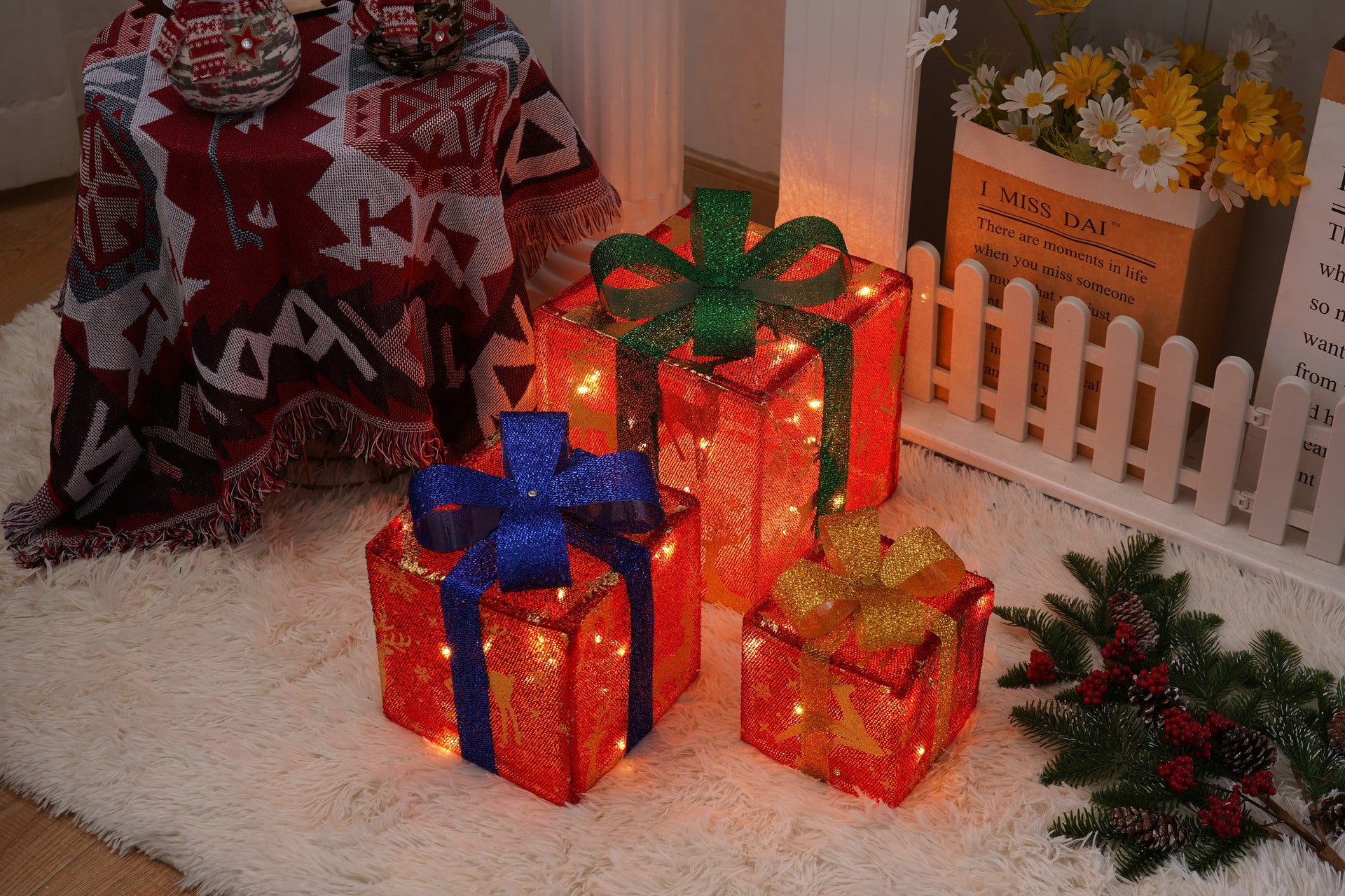 Close-up of Christmas gift box light featuring red and green holiday colors