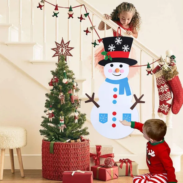 Christmas felt snowman decoration hanging on refrigerator door