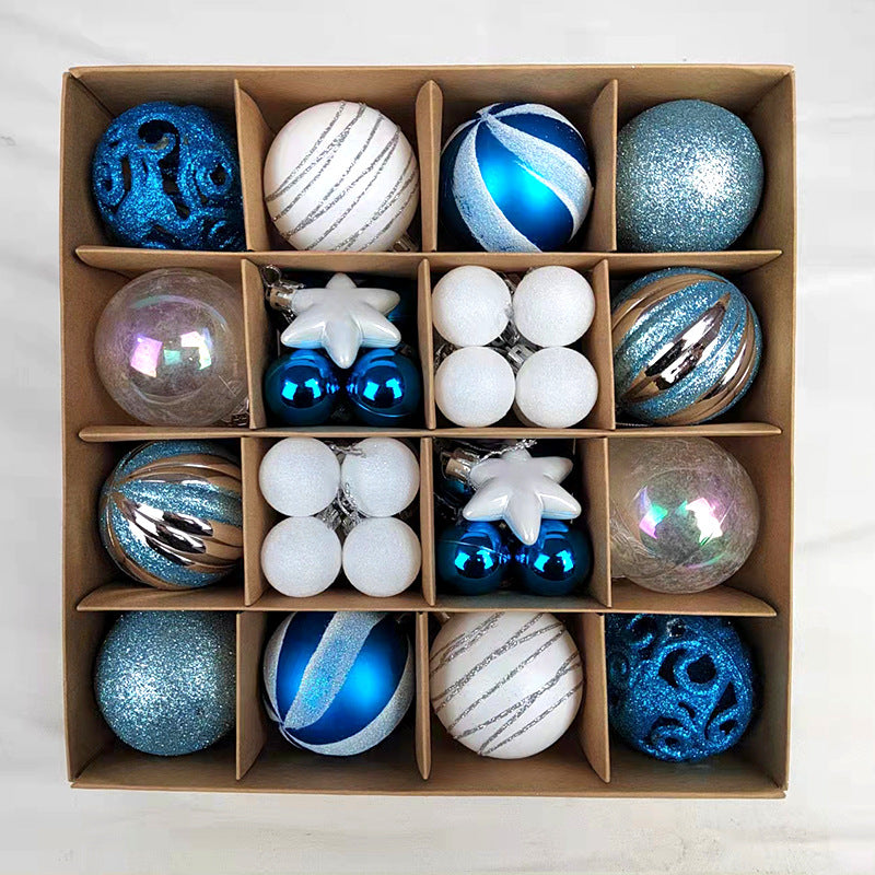 Blue and gold Christmas ball pendant ornaments in paper packaging