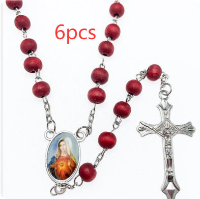 Crochet rosary with natural wood beads and cross centerpiece