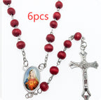 Crochet rosary with natural wood beads and cross centerpiece