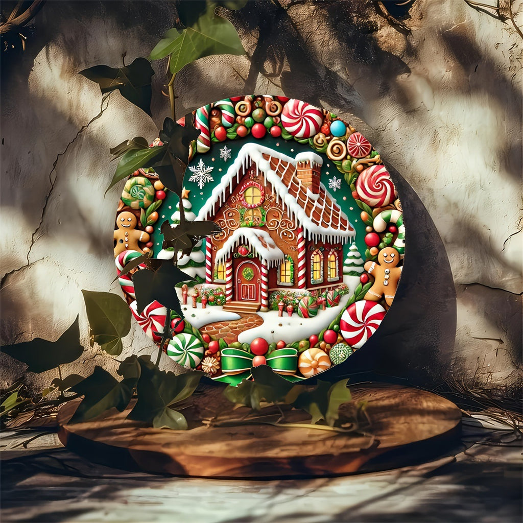 Festive gingerbread man and candy round wooden door sign for Christmas