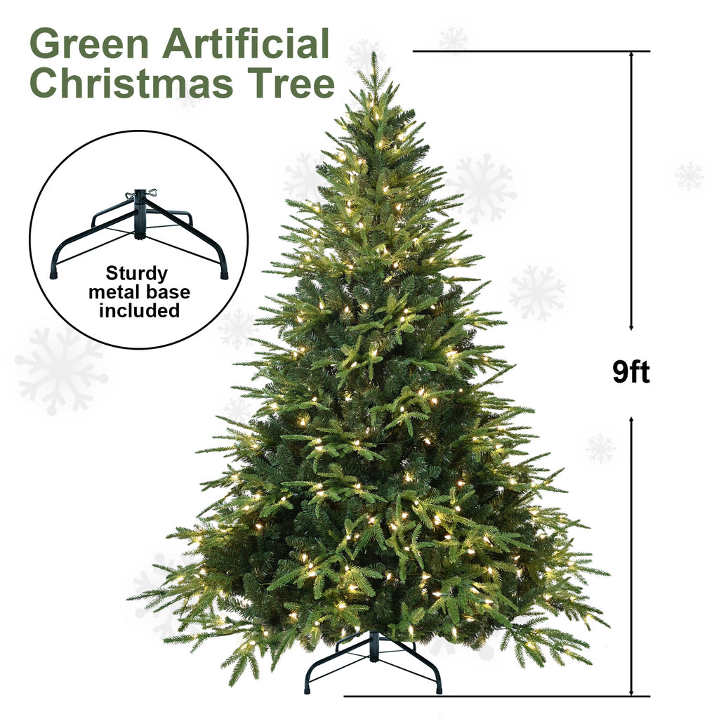 Brightly lit green Christmas tree with full ornamentation