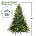 Brightly lit green Christmas tree with full ornamentation