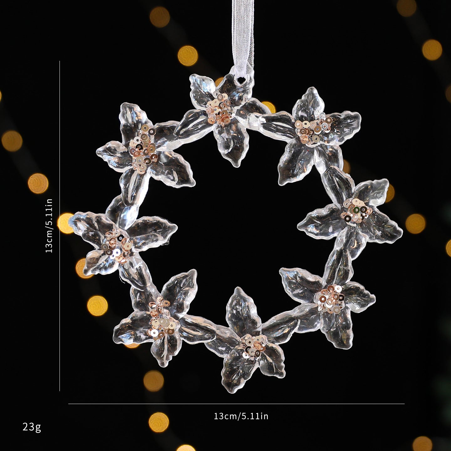 Champagne gold sequined pendant displayed against festive holiday backdrop