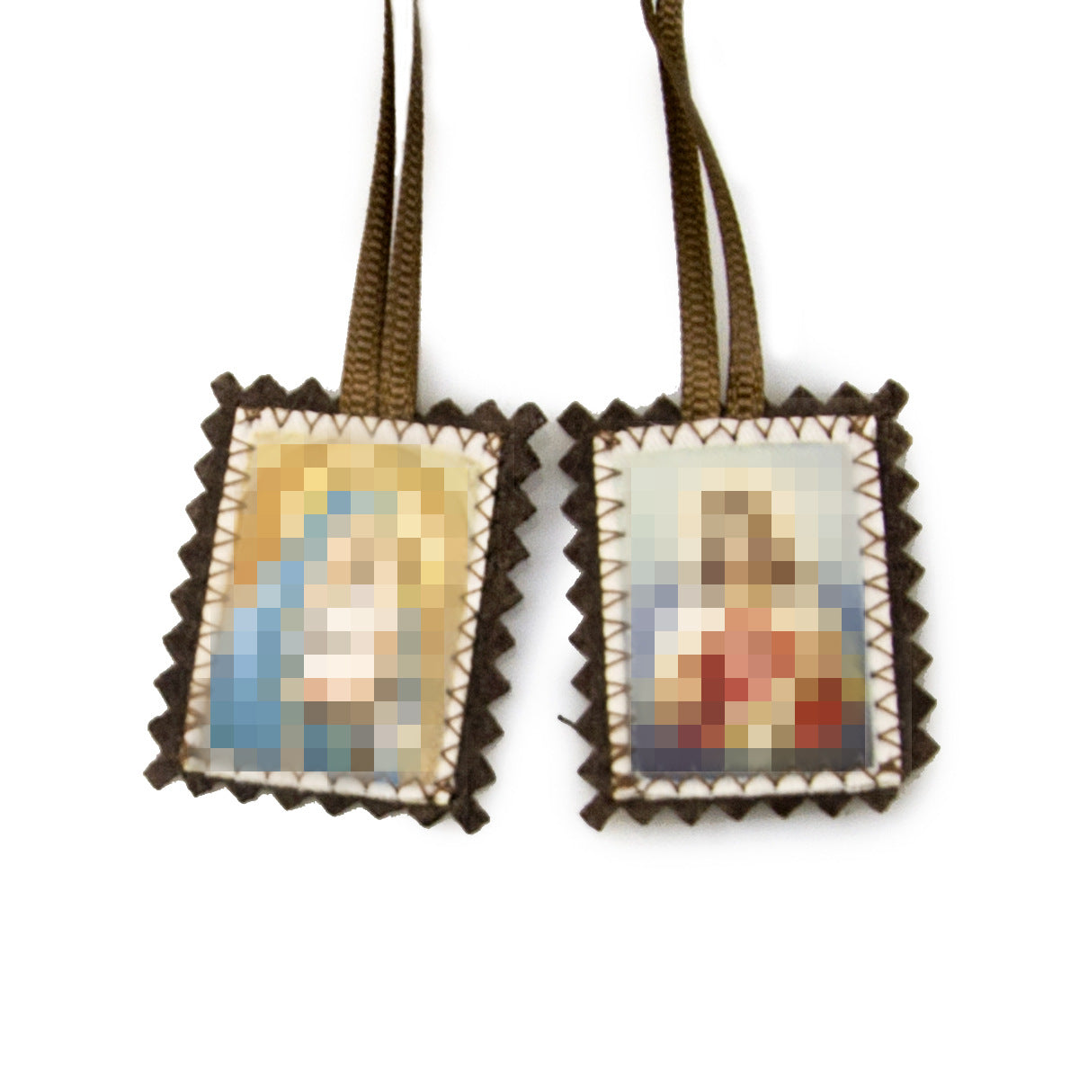 Close-up of retro cloth pendant featuring a protective Jesus character design