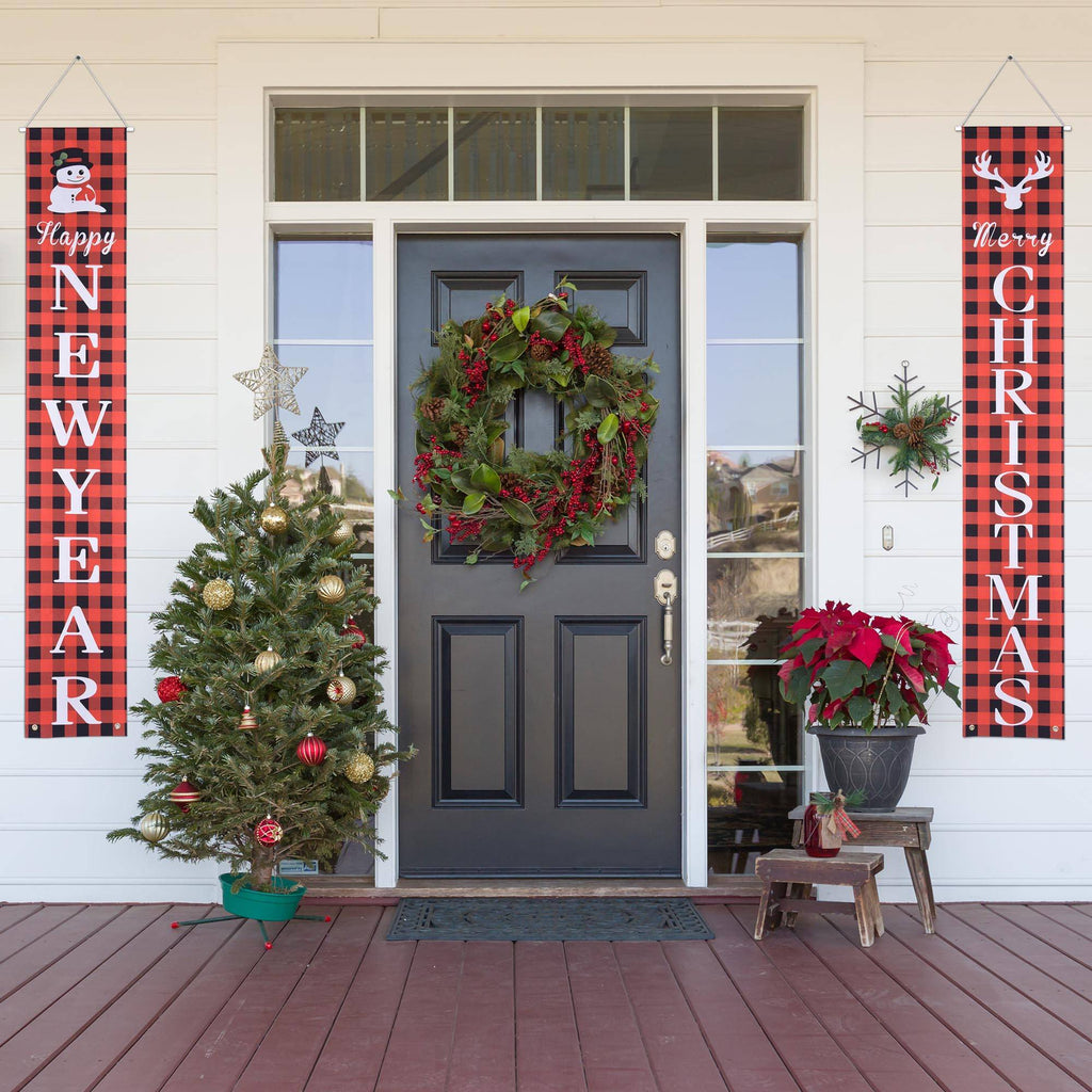 Merry Christmas porch banners adding holiday cheer to outdoor winter decoration display