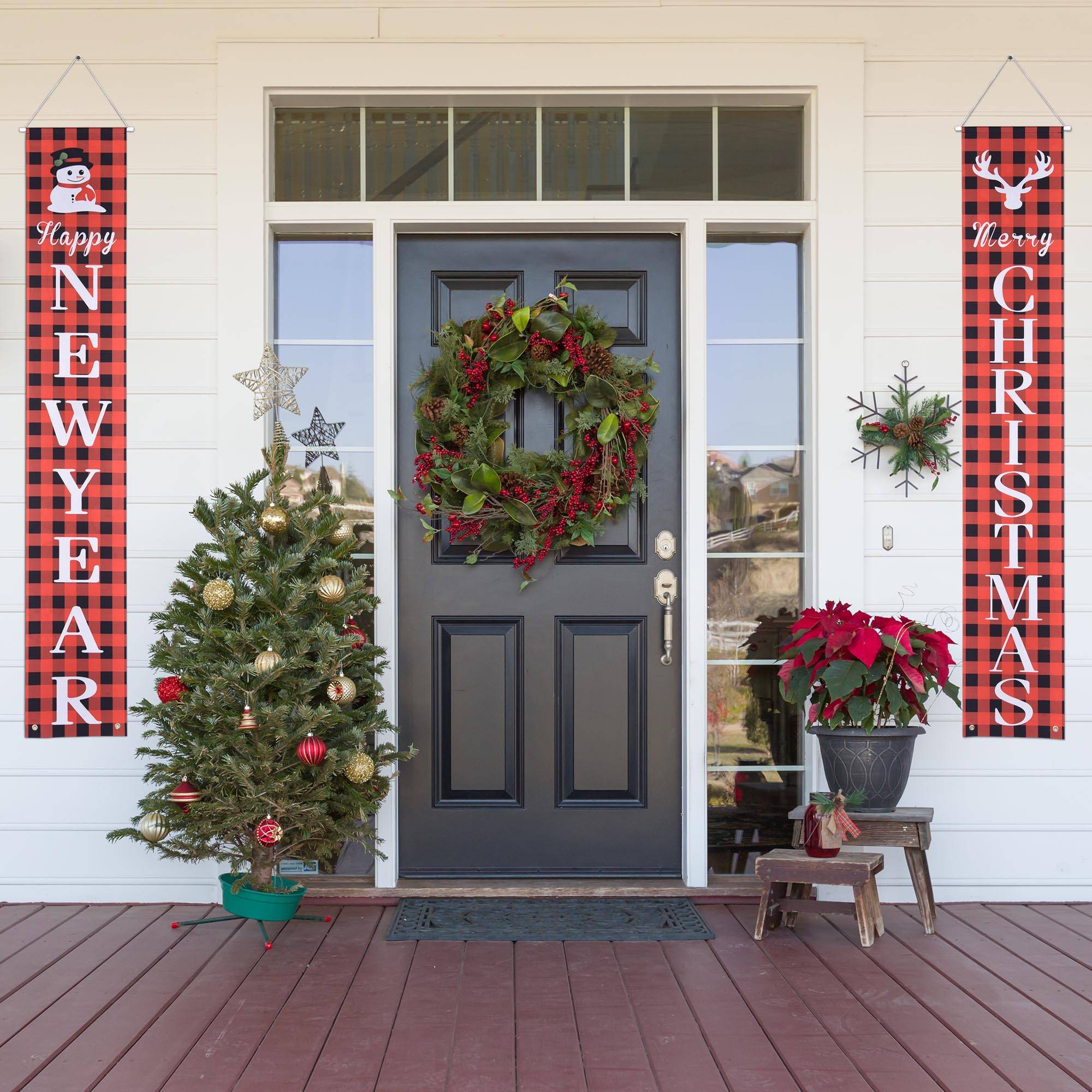 Merry Christmas porch banners adding holiday cheer to outdoor winter decoration display